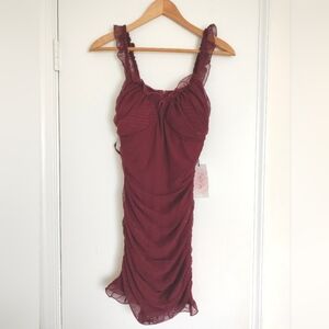 [ Crystal Sky ] NWT Ruffle Ruched Burgundy/Wine Red Dress